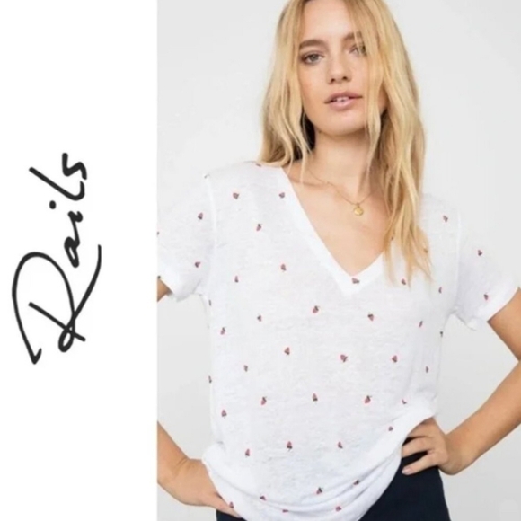 ❤️ RAILS CARA STRAWBERRY FIELDS V-NECK LINEN BLEND TOP / TEE, MEDIUM - Picture 1 of 11